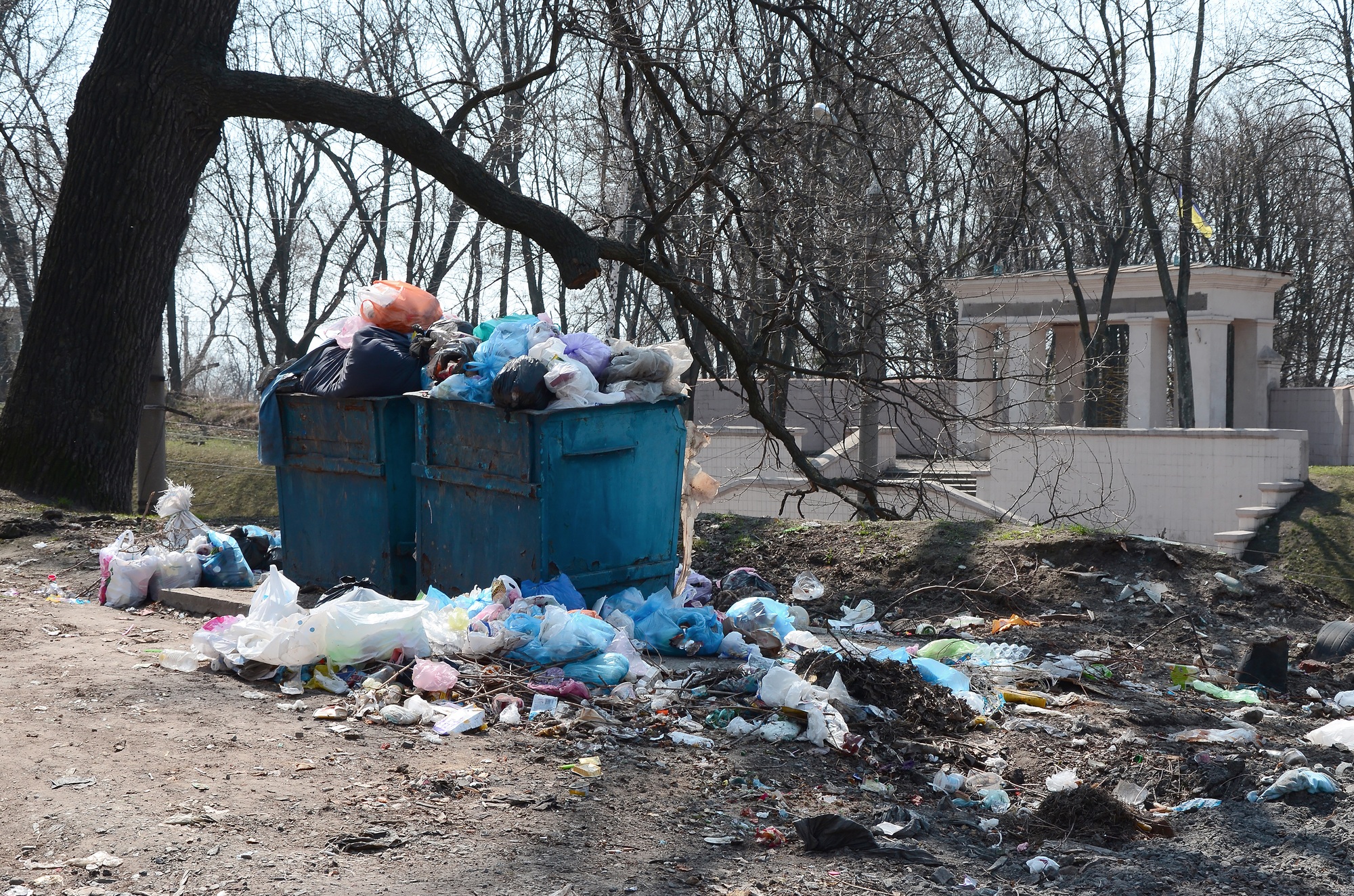 Garbage can is packed with garbage and waste. Untimely removal of garbage in populated areas