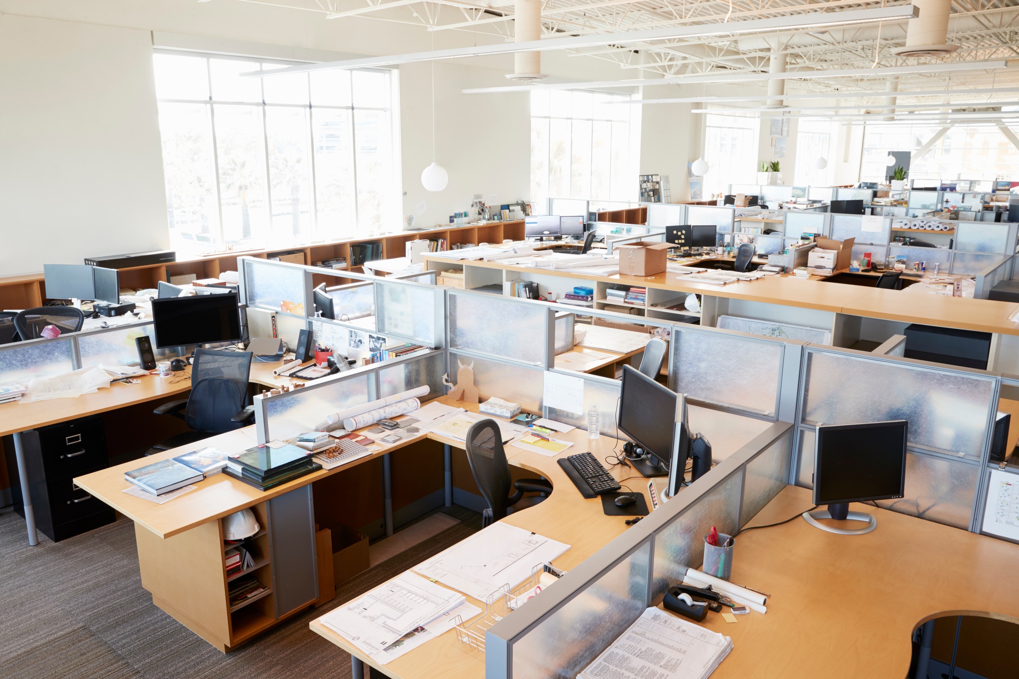 Partitioned computer workstations in an open plan office