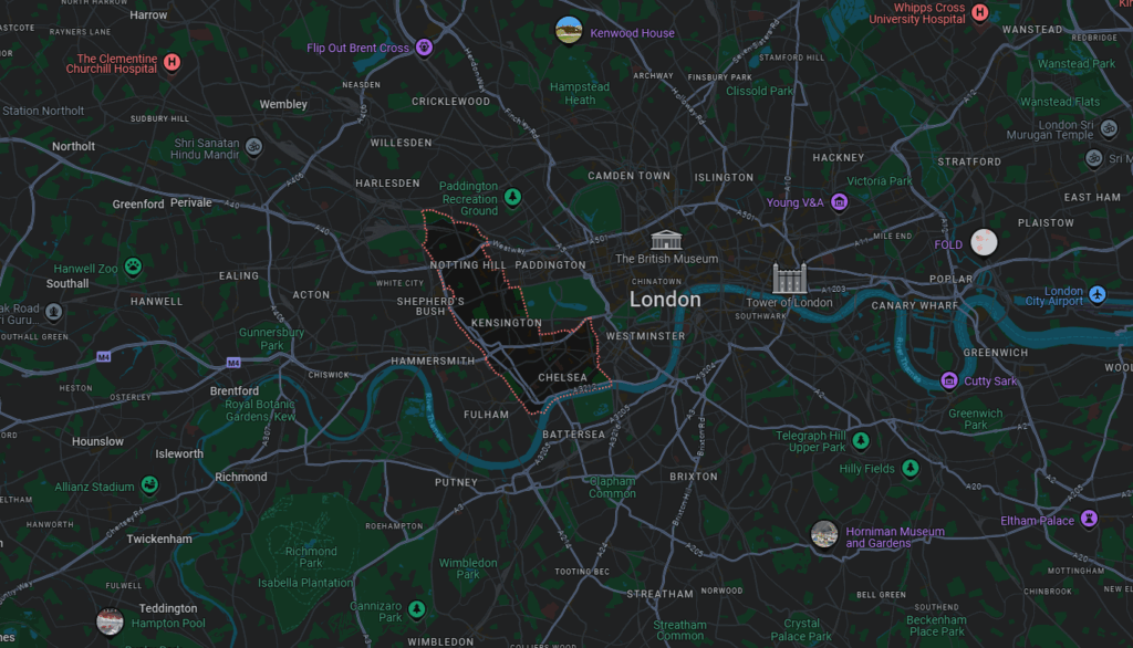 Map of the London borough of Kensington and Chelsea depicting the service area for waste management services of Waste Predators.