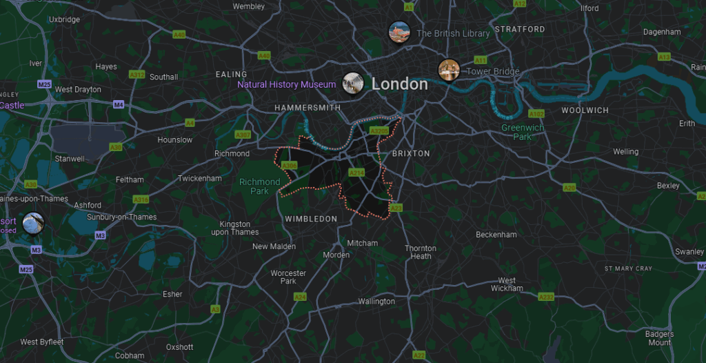 Map of the London borough of Wandsworth depicting the service area for waste management services of Waste Predators.