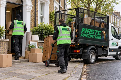 Branded Waste Predators crew moving boxes and a chest of drawers outside a house.