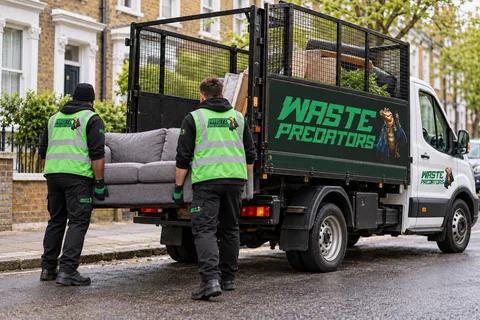 Two Waste Predators workers loading a grey sofa into a branded cage tipper.