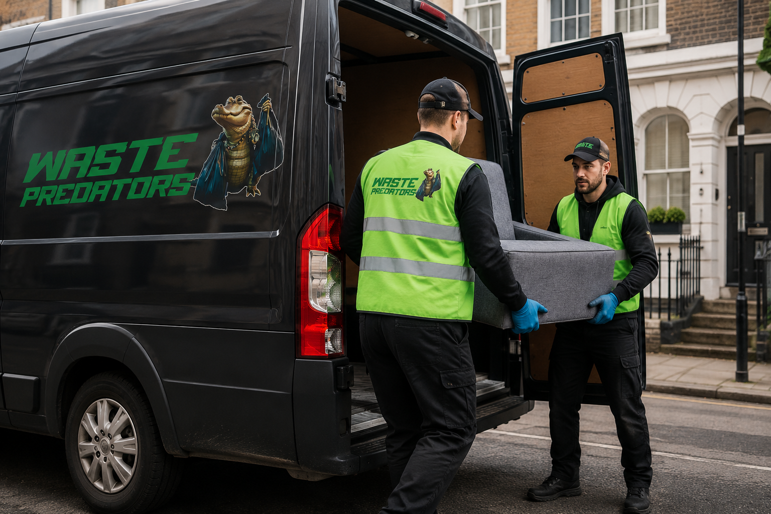 Two men working for the 5-star rated Waste Predators loading an armchair for disposal in London.